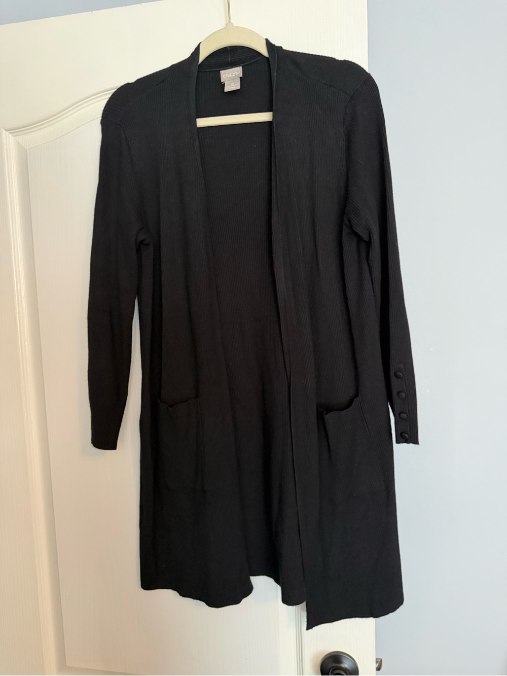 Chico's Black Long Open Front Ribbed Cardigan